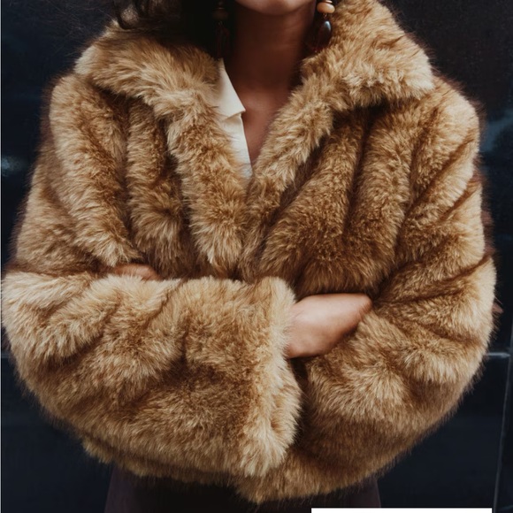 NWT H&M Divided Cropped Fluffy jacket faux fur coat small beige - Picture 3 of 3